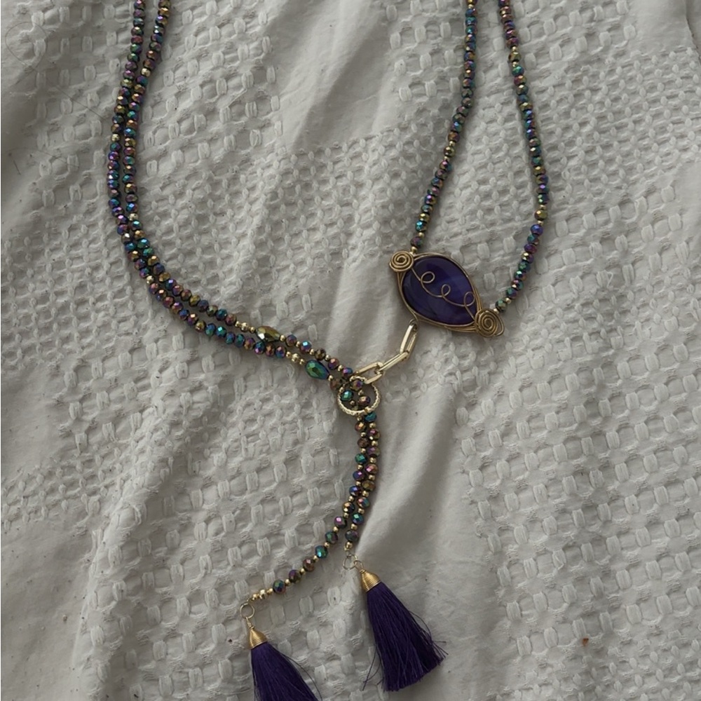 Purple & Gold Accents Wire-Wrapped Tassel Necklace, Earrings Handmade, Long - Picture 5 of 5